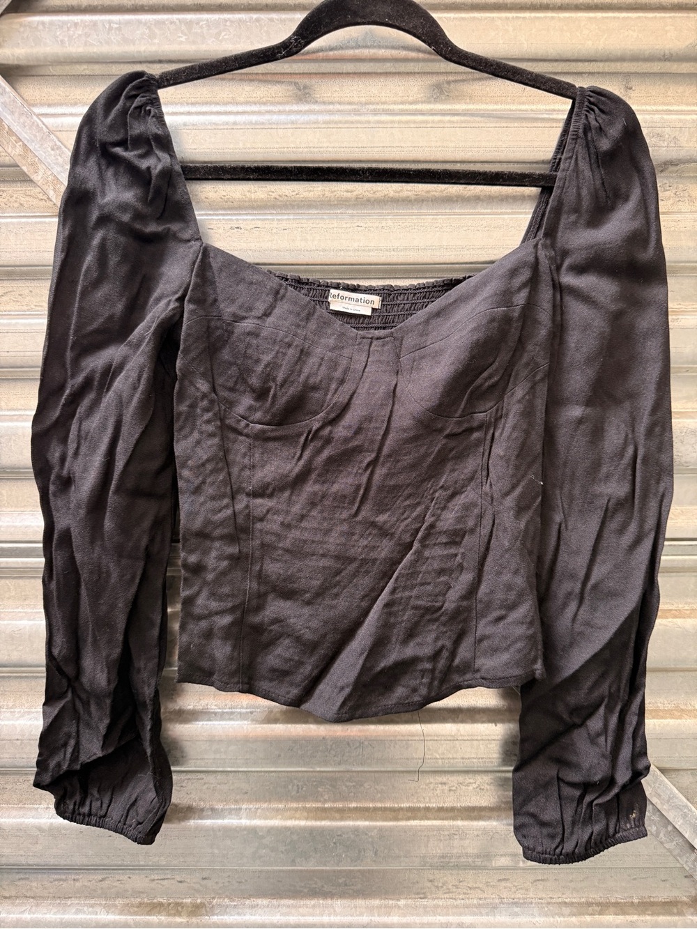 Reformation Black Square-Neck Puff Sleeve Blouse